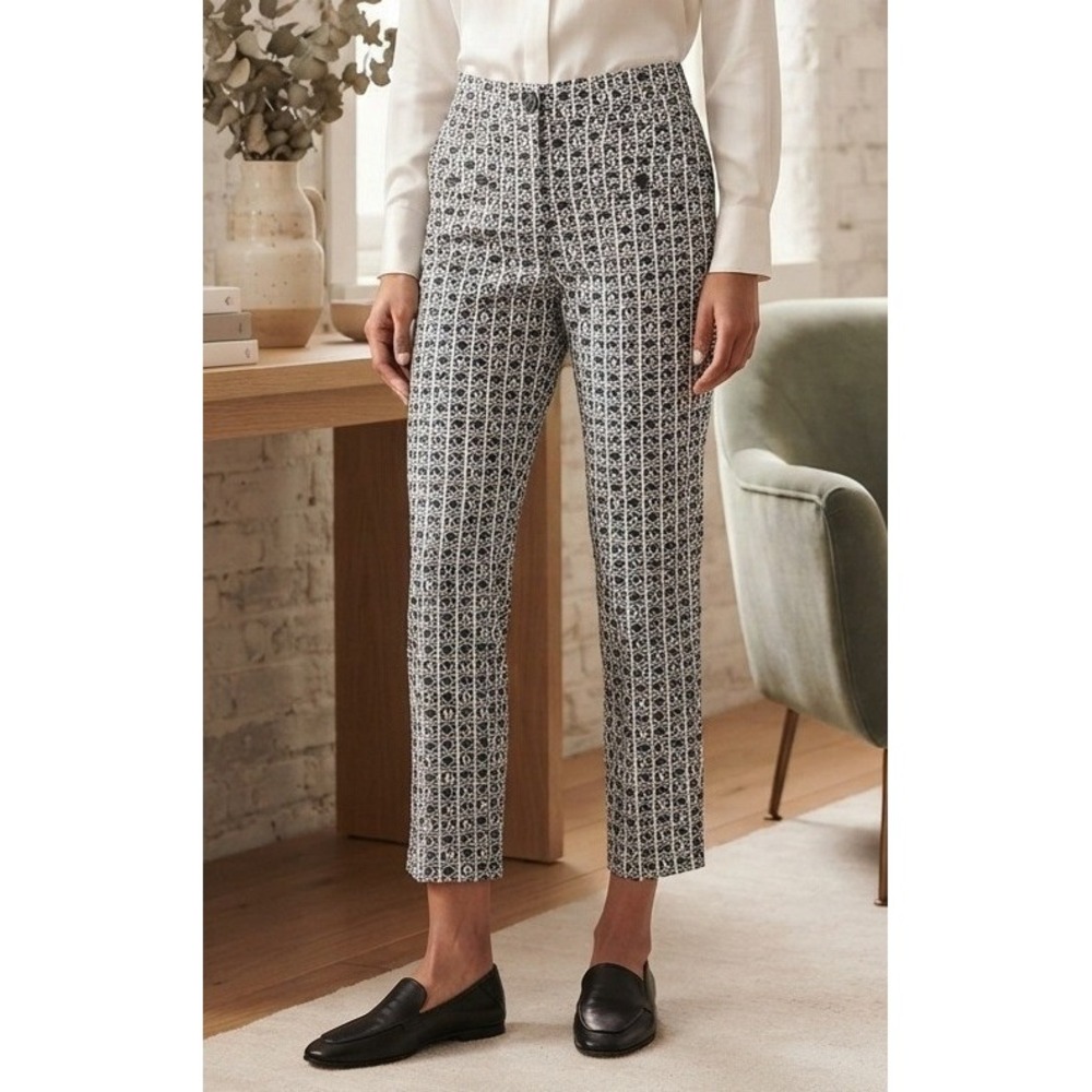 Talbots Geometric Print Ankle Pants Women 8P Black White Cotton Stretch Highrise